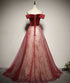 A-line Red Tulle and Velvet Off Shoulder Long Prom Dress, Red Evening Dress