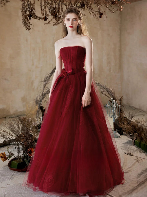 Wine Red A-line Strapless Tulle with Lace Long Formal Dress, Wine Red Tulle Prom Dress