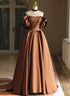 A-line Brown Satin Off Shoulder Scoop Long Prom Dress, Satin Evening Dress