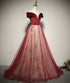 A-line Red Tulle and Velvet Off Shoulder Long Prom Dress, Red Evening Dress