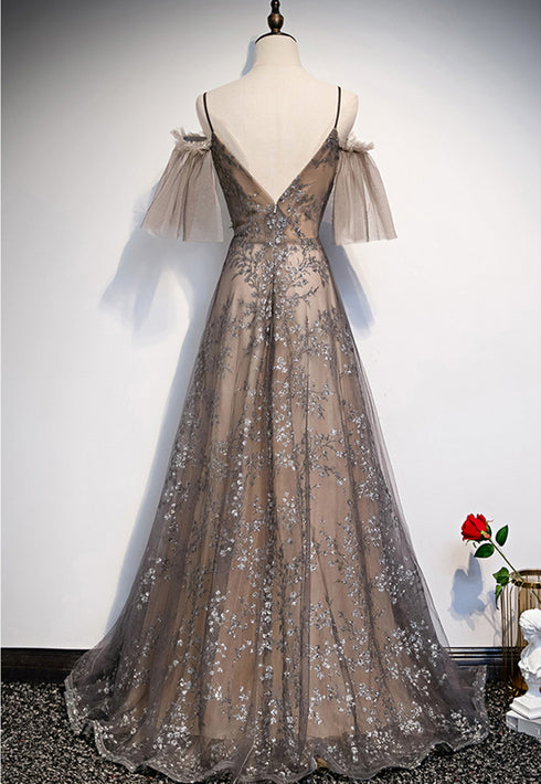 Champagne A-line Straps Lace Low Back Prom Dress, A-line Evening Dress