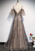 Champagne A-line Straps Lace Low Back Prom Dress, A-line Evening Dress