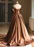 A-line Brown Satin Off Shoulder Scoop Long Prom Dress, Satin Evening Dress