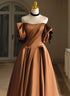 A-line Brown Satin Off Shoulder Scoop Long Prom Dress, Satin Evening Dress