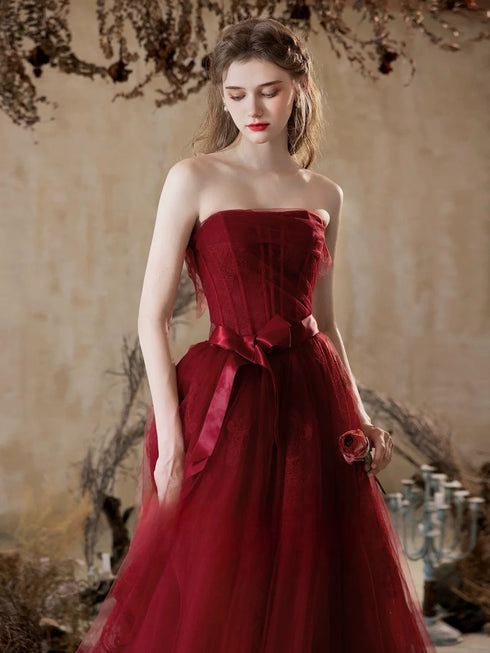 Wine Red A-line Strapless Tulle with Lace Long Formal Dress, Wine Red Tulle Prom Dress
