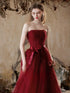 Wine Red A-line Strapless Tulle with Lace Long Formal Dress, Wine Red Tulle Prom Dress