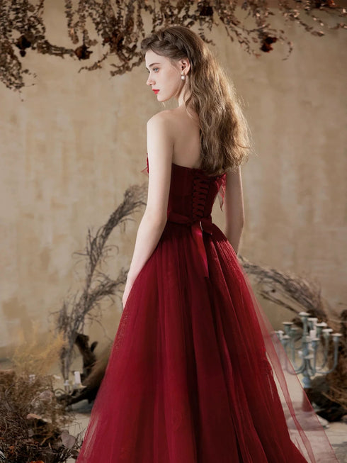 Wine Red A-line Strapless Tulle with Lace Long Formal Dress, Wine Red Tulle Prom Dress