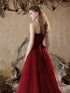 Wine Red A-line Strapless Tulle with Lace Long Formal Dress, Wine Red Tulle Prom Dress