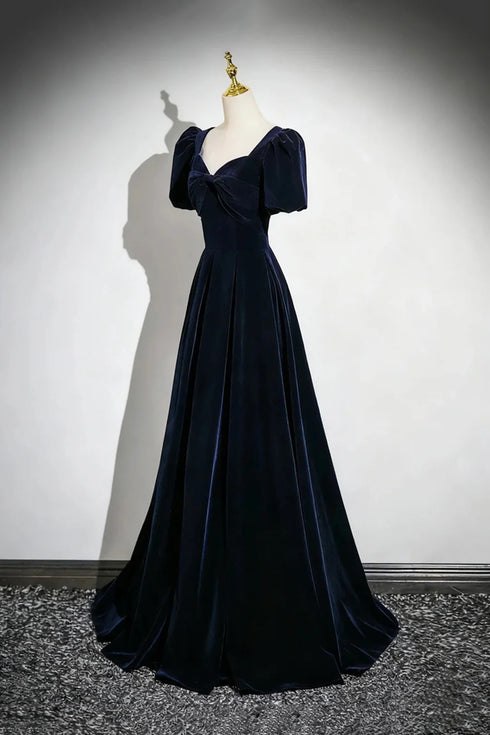 A-line Navy Blue Velvet Long Prom Dress, Navy Blue Sweetheart Party Dress Evening Dress