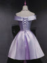 Light Purple Satin Sweetheart Off Shoulder Homecoming Dress, Light Purple Satin Short Prom Dress
