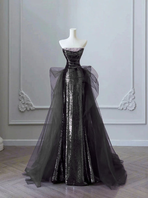 Black A-line Sequins with Tulle Long Formal Dress, Black Sequins Floor Length Prom Dress