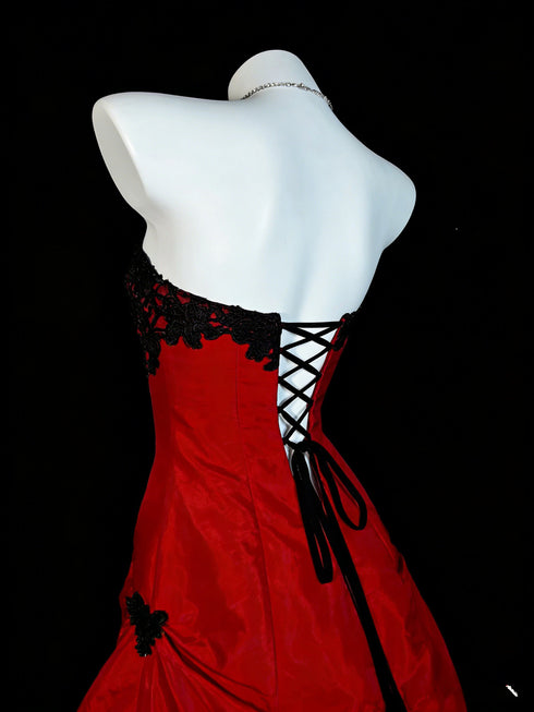 Gothic Red and Black Strapless Prom Dress, Taffeta Formal Gown with Black Floral Lace