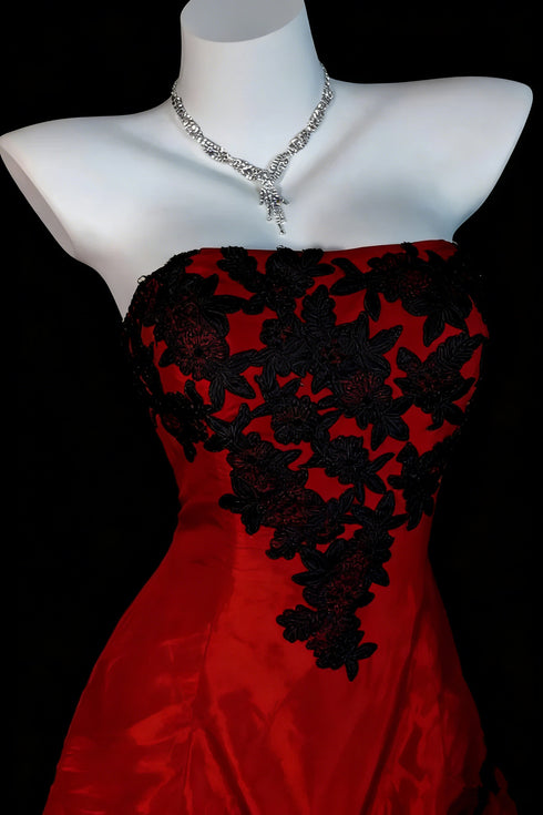Gothic Red and Black Strapless Prom Dress, Taffeta Formal Gown with Black Floral Lace