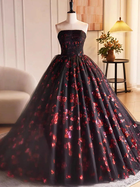 A-line Scoop Black and Red Fowers Party Dress, Black and Red Tulle Prom Dress