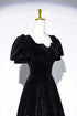 Black Velvet A-line Short Sleeves Sweetheart Prom Dress, Black Velvet Evening Dress