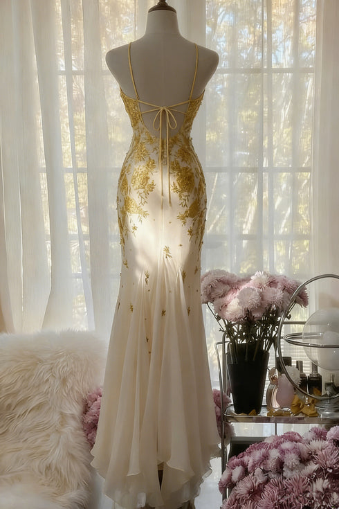 Ivory Chiffon Mermaid Backless Prom Dress, Halter V-neckline Party Dress Evening Gowns