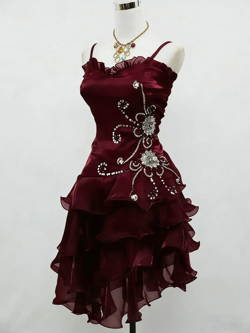 Wine Organza Beaded Straps Short Party Dress, Black Organza High Low Homecoming Dress