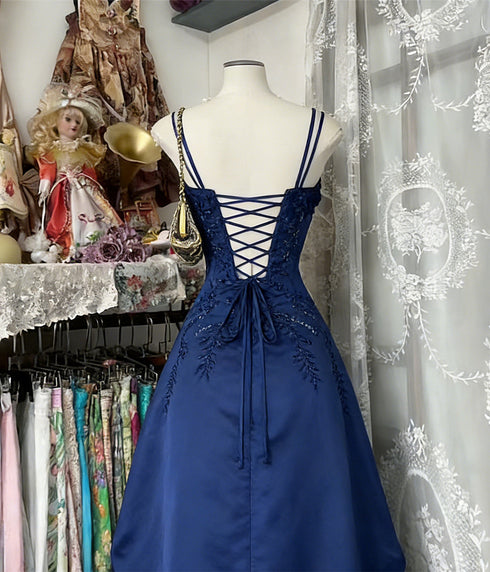 Blue Satin Straps Long Formal Dress Party Dress, Blue Prom Dress with Lace Applique