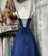 Blue Satin Straps Long Formal Dress Party Dress, Blue Prom Dress with Lace Applique