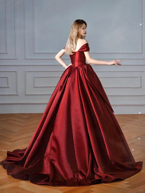 Chic Wine Red Off Shoulder Satin Party Dress, Wine Red Satin Long Prom Dress