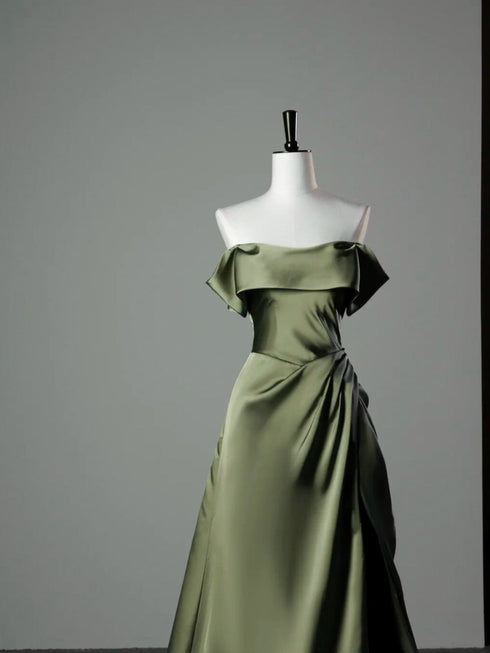 Green Soft Satin Off Shoulder A-line Long Evening Dress, Green Satin Prom Dress Formal Dress