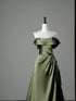 Green Soft Satin Off Shoulder A-line Long Evening Dress, Green Satin Prom Dress Formal Dress