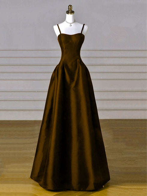 Brown Satin A-line Floor Length Sweetheart Party Dress, Simple Satin Prom Dress
