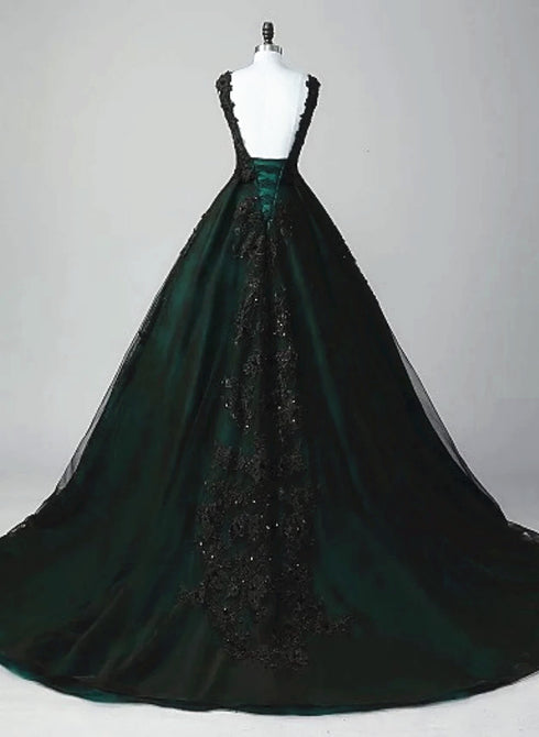 Glam Black and Green Tulle With Lace Long Party Dress, A-Line Low Back Evening Dress
