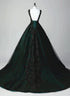 Glam Black and Green Tulle With Lace Long Party Dress, A-Line Low Back Evening Dress