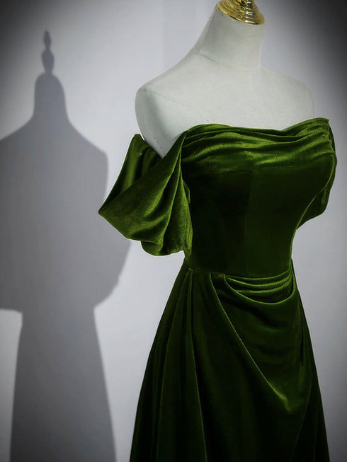 A-line Green Velvet Off Shoulder Prom Dress, Green Velvet Party Dress Evening Dress