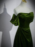 A-line Green Velvet Off Shoulder Prom Dress, Green Velvet Party Dress Evening Dress
