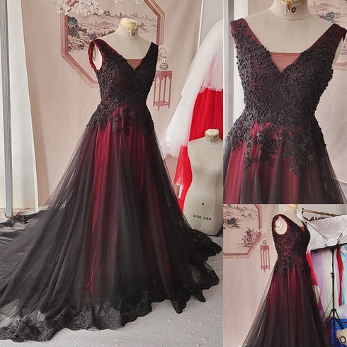 Black and Red Tulle V-neckline Beaded Party Dress, Black and Red Evening Dress