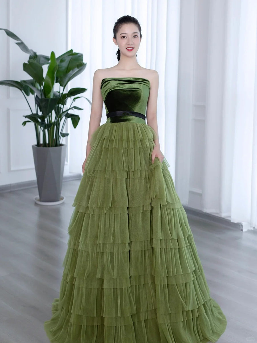 Forest Green Tulle Prom Dress Olive Green Prom Dress Aesthetic Sage Green  Silk Dress Green Tulle