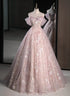 A-line Pink Off Shoulder Sweetheart Lace and Tulle Prom Dress, Pink Party Dress