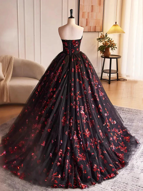 A-line Scoop Black and Red Fowers Party Dress, Black and Red Tulle Prom Dress