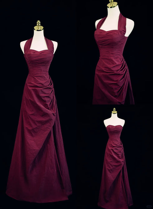 A-line Wine Red Halter Sweetheart Long Party Dress, A-line Prom Dress