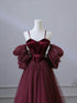Wine Red Corset Prom Dress with Puffy Detachable Sleeves, A-Line Tulle Evening Gown