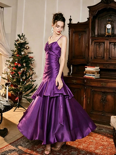 Purple Satin Straps Sweetheart Long Formal Dress, Purple Satin Evening Dress Prom Dress