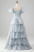 A-line Floral Layers Long Party Dress Prom Dress, Puffy Sleeves Evening Dress