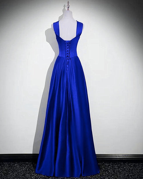 Blue Chic Satin Straps A-line Floor Length Party Dress, Blue Satin Prom Dress
