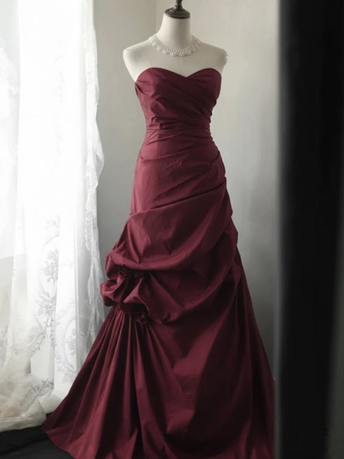 Burgundy Sweetheart Ruched Long Prom Dress, Strapless Taffeta Burgundy Formal Dress