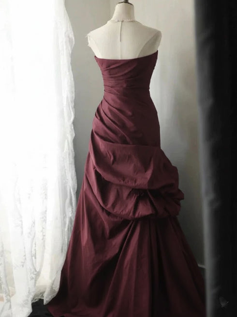 Burgundy Sweetheart Ruched Long Prom Dress, Strapless Taffeta Burgundy Formal Dress