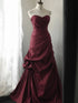 Burgundy Sweetheart Ruched Long Prom Dress, Strapless Taffeta Burgundy Formal Dress