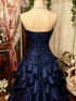 Navy Blue Strapless Ruffled Prom Dress,Elegant Long Navy Blue Party Dress with Flowers
