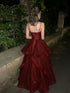 Wine Red A-line V-neckline Tulle with Lace Applique Prom Dress, Wine Red Party Dress Formal Dress