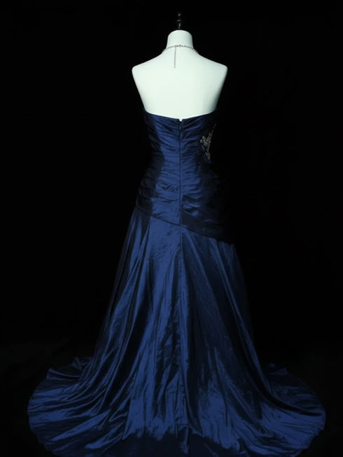 Navy Blue Strapless Ruched Prom Dress With Applique, Navy Blue Taffeta Mermaid Formal Dress
