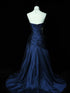 Navy Blue Strapless Ruched Prom Dress With Applique, Navy Blue Taffeta Mermaid Formal Dress