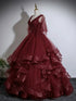 Wine Red Tulle Ball Gown Prom Dress with Flutter Sleeves, V-neckline Long Party Dress