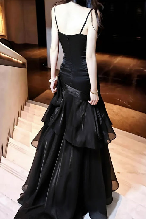 Black Satin Straps Mermaid Prom Dress Evening Dress, Black Long Formal Dress