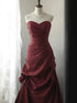 Burgundy Sweetheart Ruched Long Prom Dress, Strapless Taffeta Burgundy Formal Dress